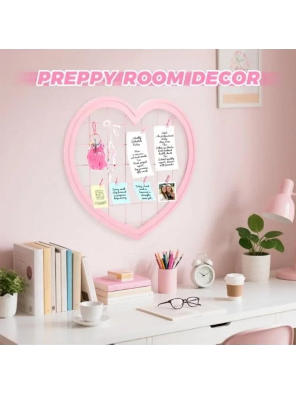 Pink Heart-Shaped Wire Wall Grid Panel for Photo Display & Room Decor